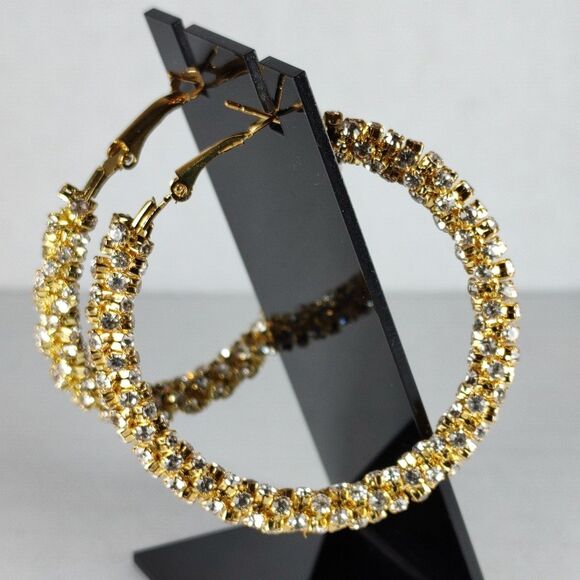 Gold Tone Metal White Colorless Rhinestones Hoop Statement Fashion Earrings - Picture 10 of 16